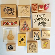Vtg Rubber Stamp Holiday Lot 15 Halloween Thanksgiving Heart Easter Wood Block