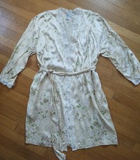 Vintage Silk Robe Long Sleeve Printed Floral Lace Trim "for your comfort" Sz M