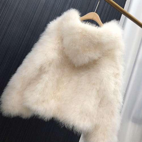 Women's 100% Genuine Ostrich Fur Hooded Coat Real Fur Warm Soft Jacket Outerwear - Picture 12 of 29
