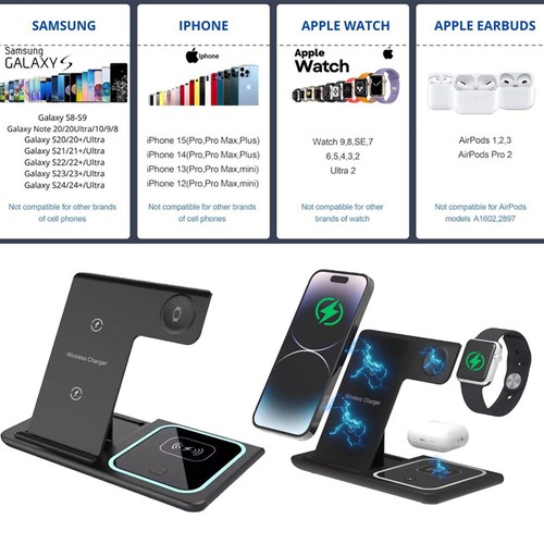 Wireless Charger 15W Fast Charging Station Pad for Apple Watch iPhone AirPods - Picture 2 of 8