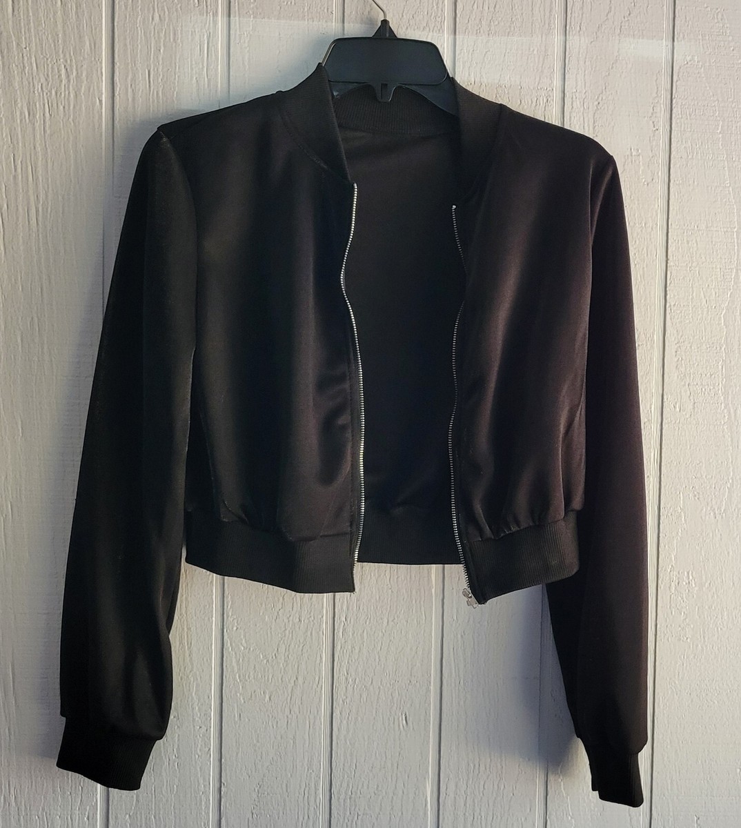 NWOT Satin Bomber Jacket Women's Black Shimmer Stretch Full NWOT Satin Bomber Jacket Women's Black Shimmer Stretch Full