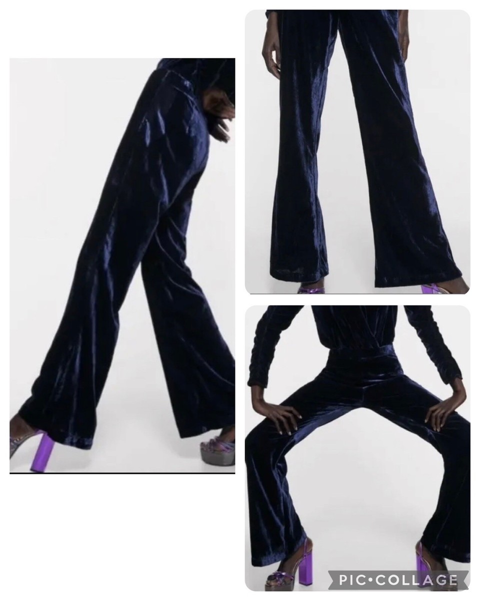 ZARA Dark Blue Velvet Flare High Rise Trousers Pants Size S NWT | eBay