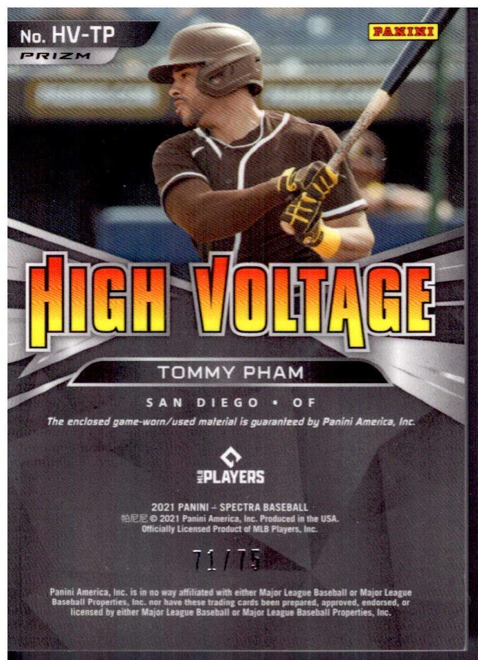 2021 Panini Spectra #HV-TP Tommy Pham High Voltage Jerseys Hyper #/75 - Image 2 of 2