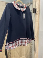 New Nwt Tommy Hilfiger Blue Red white Plaid Hem Peter Pan Collar Sweater, Xl