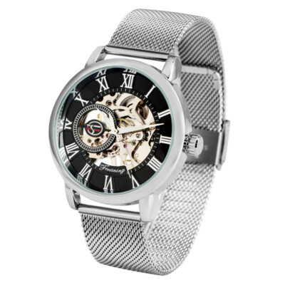 Forsining Stainless Steel Mesh Strap Skeleton Mechanical Watch Hand-Winding New