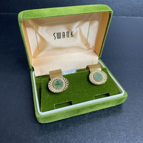 Vintage Swank Gold Tone Green Genuine Jade Mesh Wrap Cuff Links Original Box