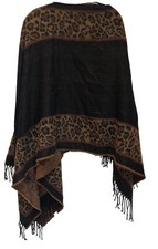 Soft Surroundings Poncho Shawl Brown Fringe Cape Leopard Animal Print Wrap NEW