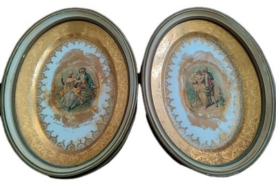 Antique Porcelain Plaques Pair Hand Painted Courting Scene Gilt Frames Oval