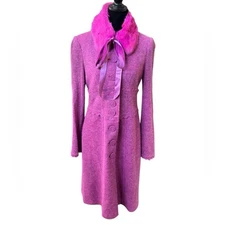 Nanette Lepore Lightweight Knit Wool Pink Trench Coat with Fur Collar