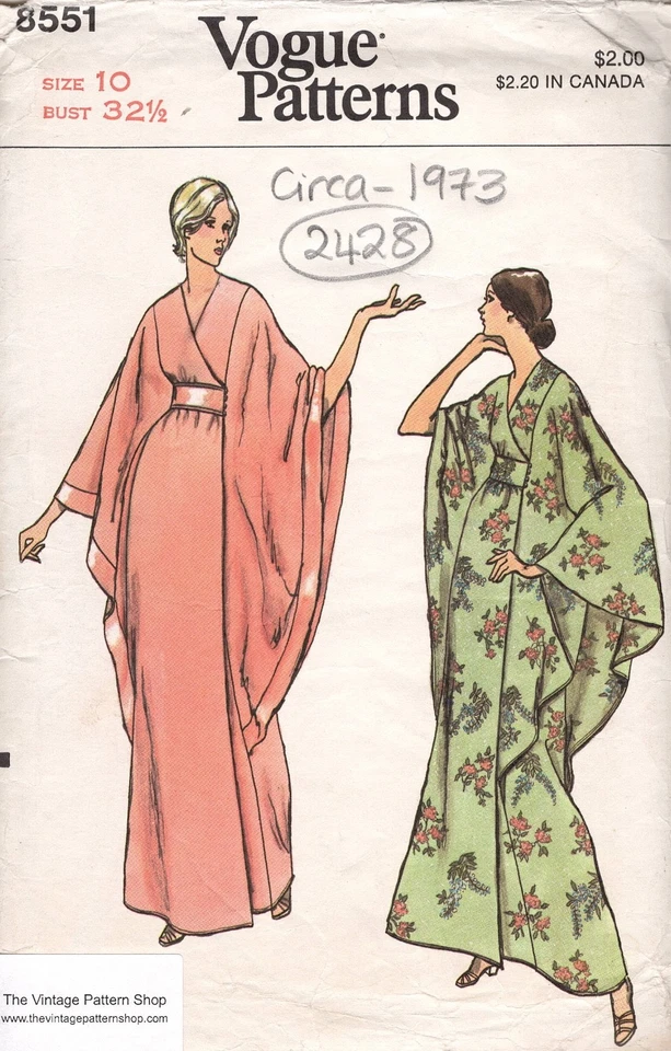 1973 Vintage VOGUE Sewing Pattern B32 1/2″ CAFTAN ROBE Dress (2428R) Vogue 8551 - Image 2 of 4