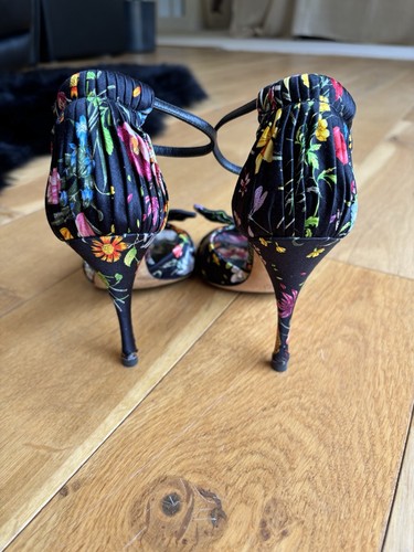 VINTAGE GUCCI Black Floral Silk Ankle-Strap Sandals Heels Shoes UK 4 / 37 - Picture 10 of 24