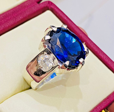 Blue Sapphire Top Quality Stone Ring With White Real Moissanite Ring Handmade