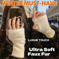 Soft Winter Half Finger Gloves Women Warm Luxury Solid White Plush Knitted Finge