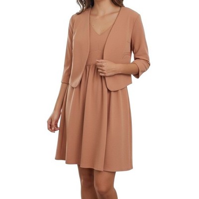 COTELAC Dress & Crop Blazer Set 3/4 Sleeve V Neck Salmon Sz 1 Small Minimalist