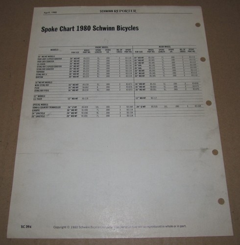 1980 Schwinn Service Clinic Bulletin #93 Spoke Chart for 1980 Schwinn Bicycles - Picture 3 of 4
