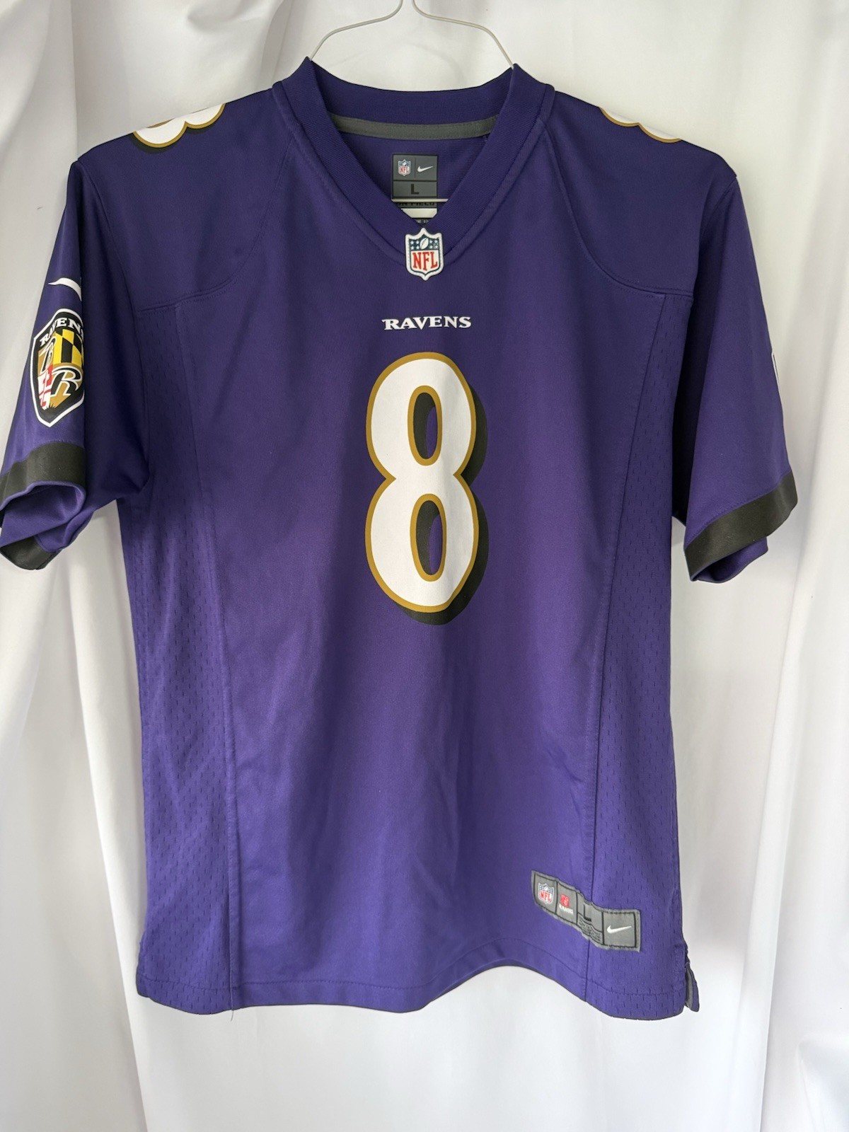 Nike Lamar Jackson Jersey Boys SZ L 14/16 Purple Baltimore Ravens # 8 On Field