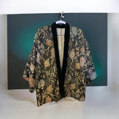 VTG Men Unisex 50s Brocade Chinese Floral Print Smoking Jacket Kimono Sz XL/XXL