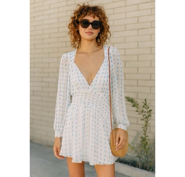 Mini Vestido For Love & Lemons Blanco Azul Lunares Manga Larga Espalda Abierta Seda M Foto 2 de 4