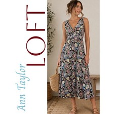 LOFT Floral Boho Midi Dress Brown Multicolor Sleeveless V-Neck Fit & Flare, Sz 2