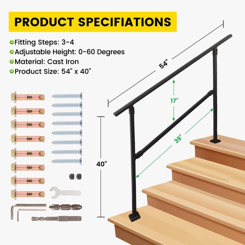 Iron Handrail Adjustable 0-60° For 3-4 Steps Stair Railing Outdoor Black - Picture 5 of 7
