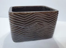 Vintage 1960s Unmarked Pottery Dark Brown Geometric Lines Planter Succulents MCM