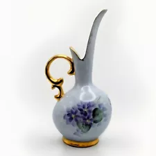 Vintage Gold Trim Purple Flower Bud Vase / Pitcher. Signed