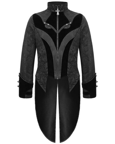 Devil Fashion Mens Gothic Crow Tailcoat Jacket Black Velvet Brocade PU Steampunk - Afbeelding 1 van 12