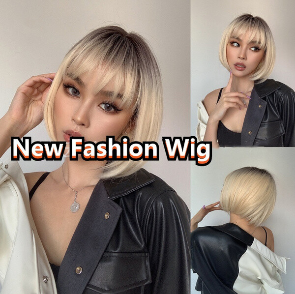 Women Ombre Blonde Bob Wigs With Bangs Short Straight  display picture 1