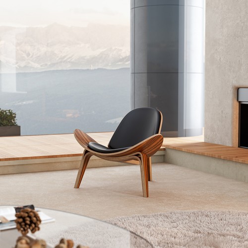 Modern Shell Lounge Chair Full Leather Solid Wood Scandinavian Seat ...