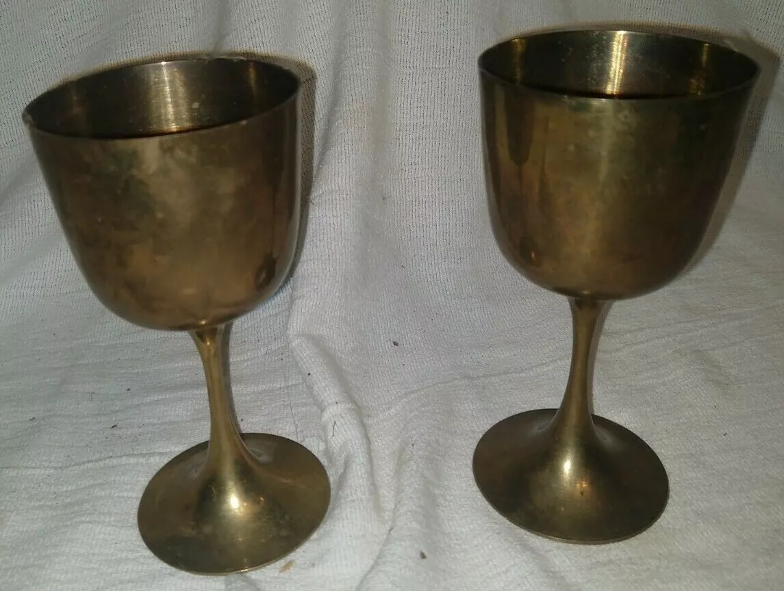 Vintage Brass Metal Goblet Chalice Cup Wine Glass Pair Made in India