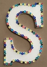 Girls Room Wall Decorative Wooden White Letter Initial S Beaded w/Beads on Edges
