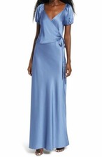 WAYF Women blue satin faux wrap Dress "the Bea" BNWT sz Small vneck