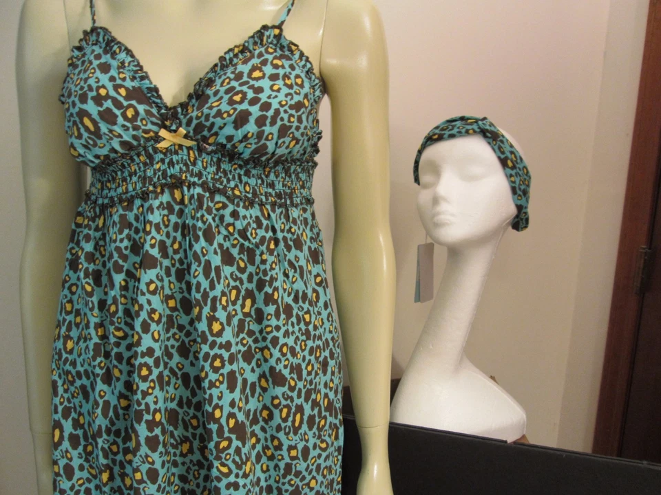 Blue Leopard Print Nightie and Head Wrap by Mud Pie, Size Small, NWT - Image 2 of 4