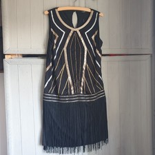 Roman Deco Style Dress Sz 14  Sequins Black Gold Flapper Fringe
