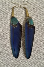 Vtg Authentic Peacock Feather Dangle Drop Earrings Fancy Boho Style EUC 