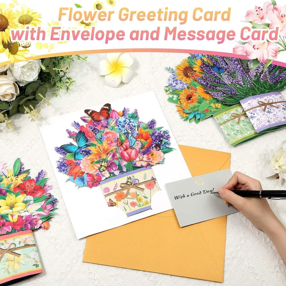 Paquete de 4 tarjetas emergentes de flores de papel, tarjetas emergentes de ramo de flores 3D Foto 4 de 4