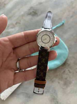 Louis Vuitton Tambour Women's Wristwatch Leather Brown & White Bands Diamond 