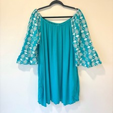 Cato Teal Off The Shoulder Mini Dress White Embroidered Eyelet Bell Sleeve Boho