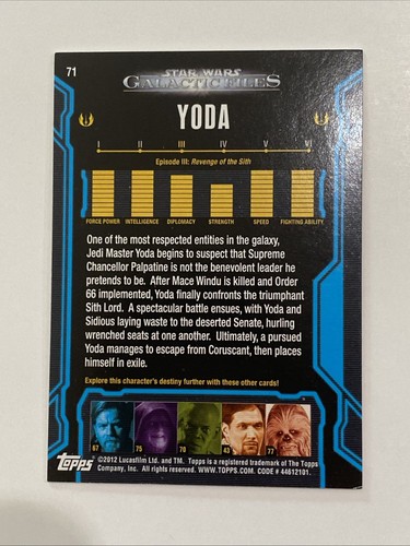 Yoda #71 Star Wars Topps 2012 Galactic Files Card Trading Card - Foto 2 di 2