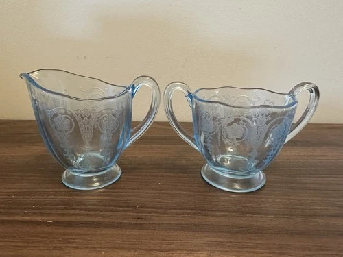 Vintage Fostoria Vernon Azure Blue Depression Glass Sugar and Creamer Set