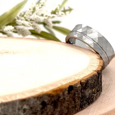 Unisex Brushed Faceted Design Modern Ring High Polished Silver Tungsten 8mm Band