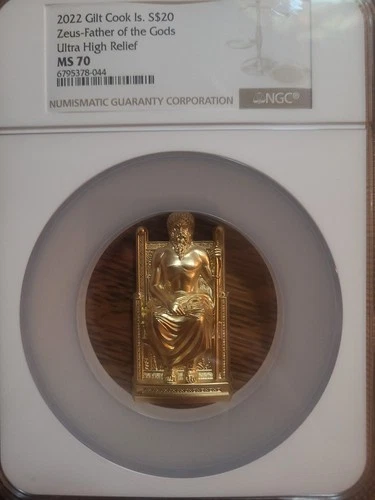 2022 Cook Islands $20 Zeus 3oz Gold Gilt 999 Silver Ultra High Relief MS70 NGC 