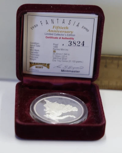 1990 Disney Fantasia 1oz .999 Silver Coin Proof Box & COA 50th Anni Limited Ed