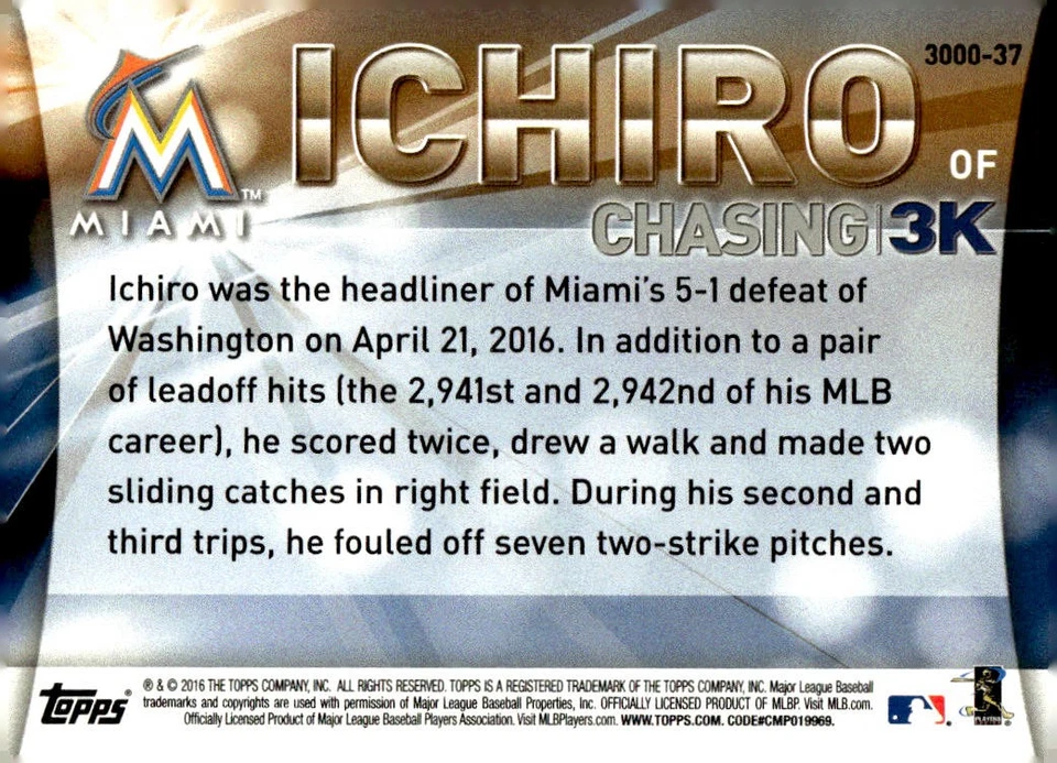 2016 Topps Update #3000-37 Ichiro Chasing 3K - Image 2 of 2