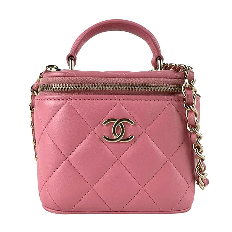 Chanel — Auth CHANEL Vanity Bag Shoulder Bag Handbag Pink/Gold Lambskin/Metal - z9802