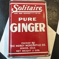 Vintage Antique Solitaire Pure Ginger Tin Spice.  Packed in Denver, CO