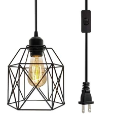 Industrial Plug in Pendant Light, Black Cage Pendant Light Fixture with On/Of...