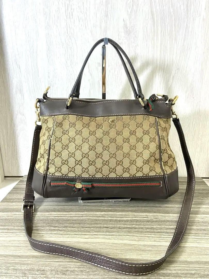 Gucci Sherry Leather Interlocking Tote Bag 2Way Beige Brown Preowned