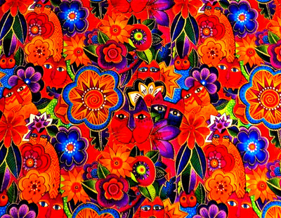 Fantastic Felines Laurel Burch Cats Cotton Fabric Clothworks 52''x 42'' Red Orange