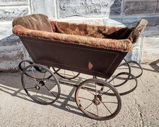 Antique Victorian Doll Carriage Buggy Cart, Wood w/ Mohair Lining, Spoked Wheels